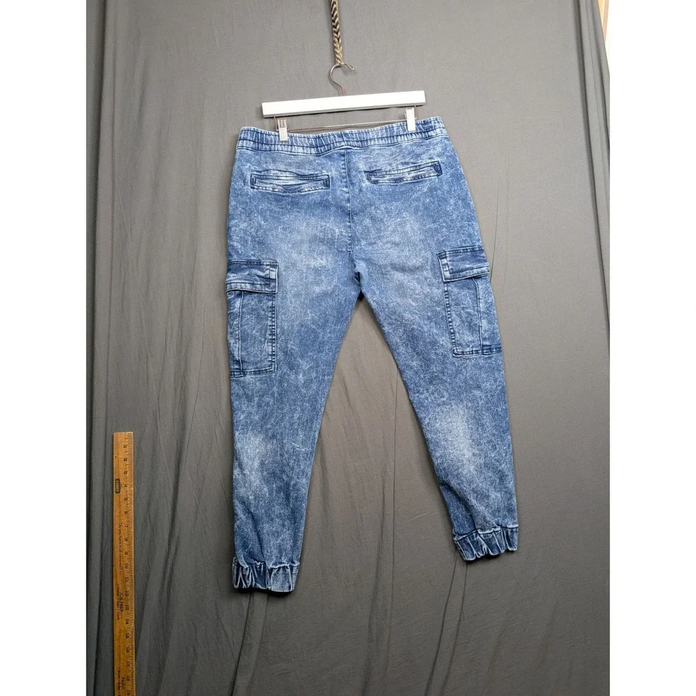 Modern Culture Mens Large Acid Wash Blue‎ Denim Cargo Jogger Pants Stretch Jeans